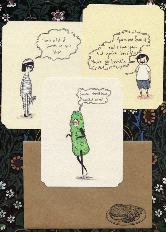 Set of 4 Frameable Burger Family Card Set | Envelopes Included