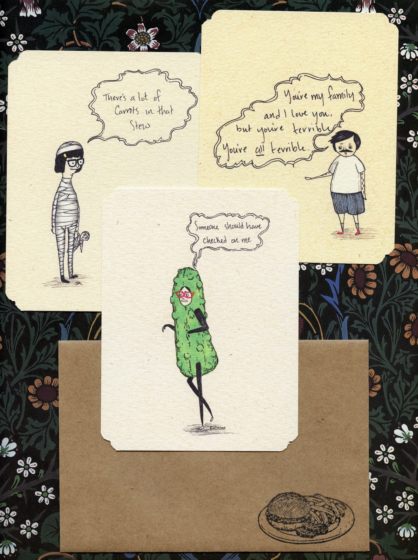 Set of 4 Frameable Burger Family Card Set | Envelopes Included